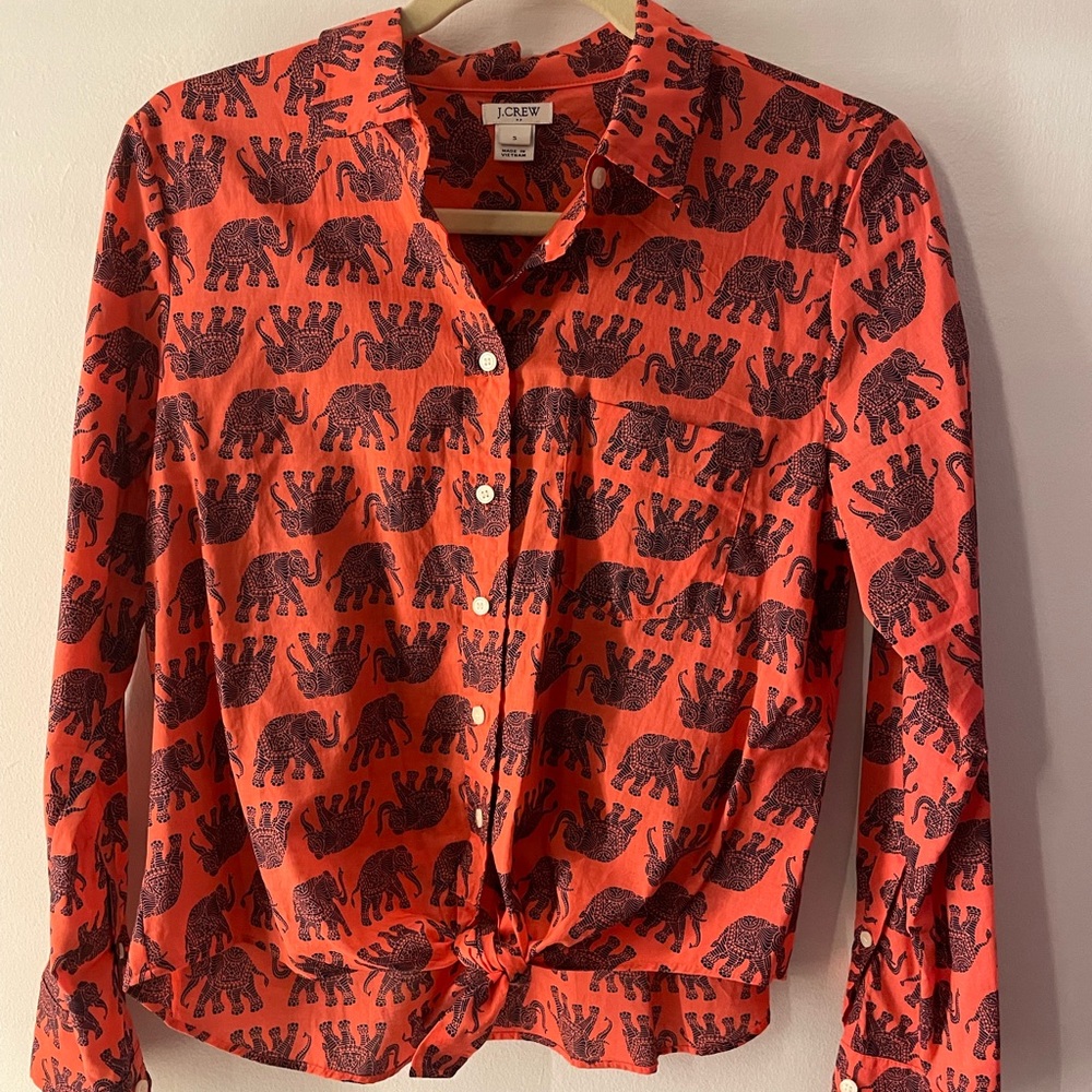 J. Crew Coral Blouse with Navy Elephant Design - Picture 1 of 4